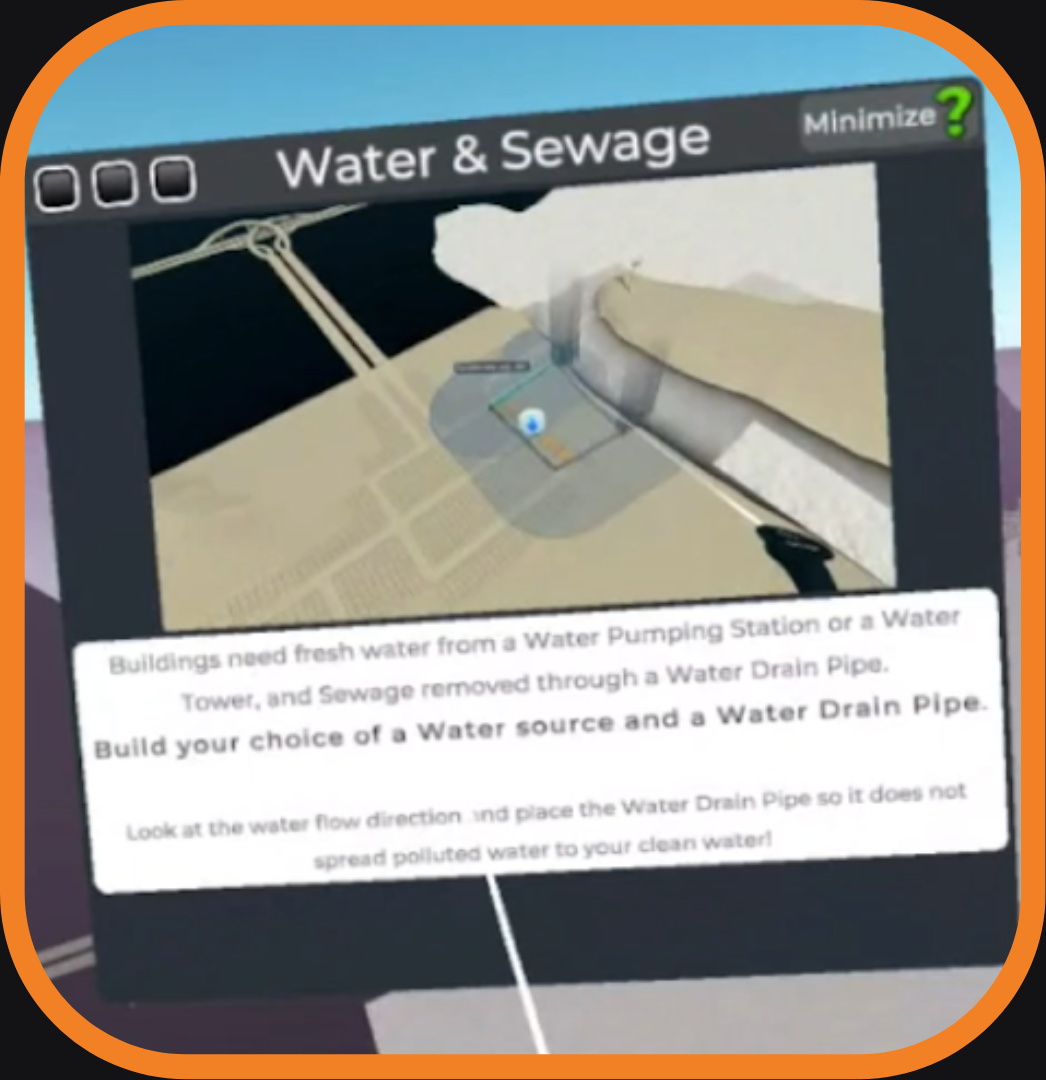 a tutorial screen for Water & Sewage with long, pixelated instruction texts
