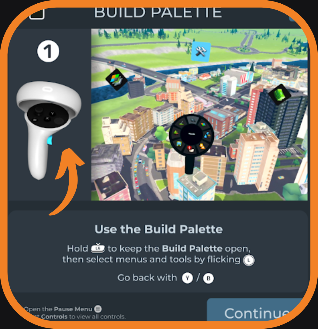 Picture of instructions for the Build Palette. To the left there is an image of the left Oculus controller, with the highlighted grip button in blue