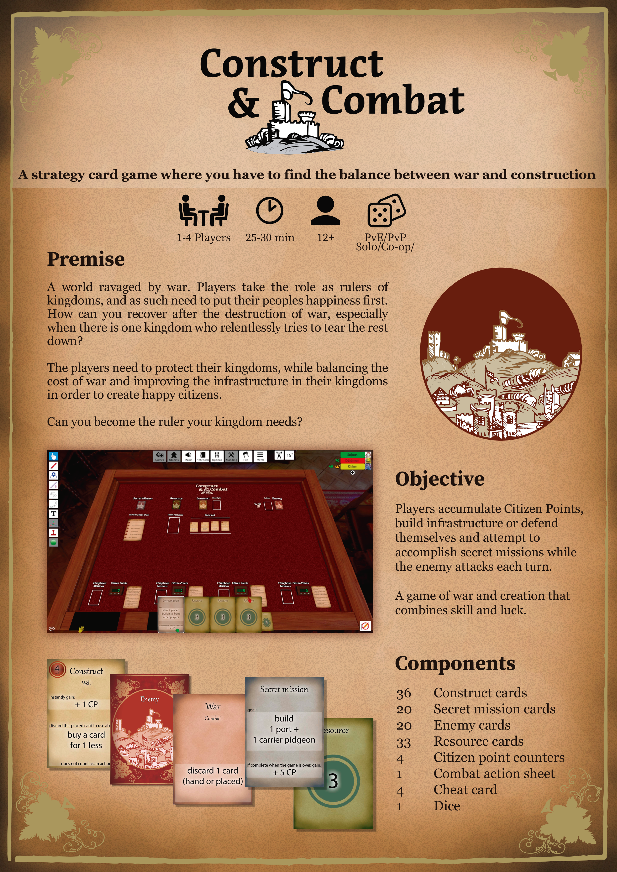 A sell sheet for the game, with premise, objective, and components