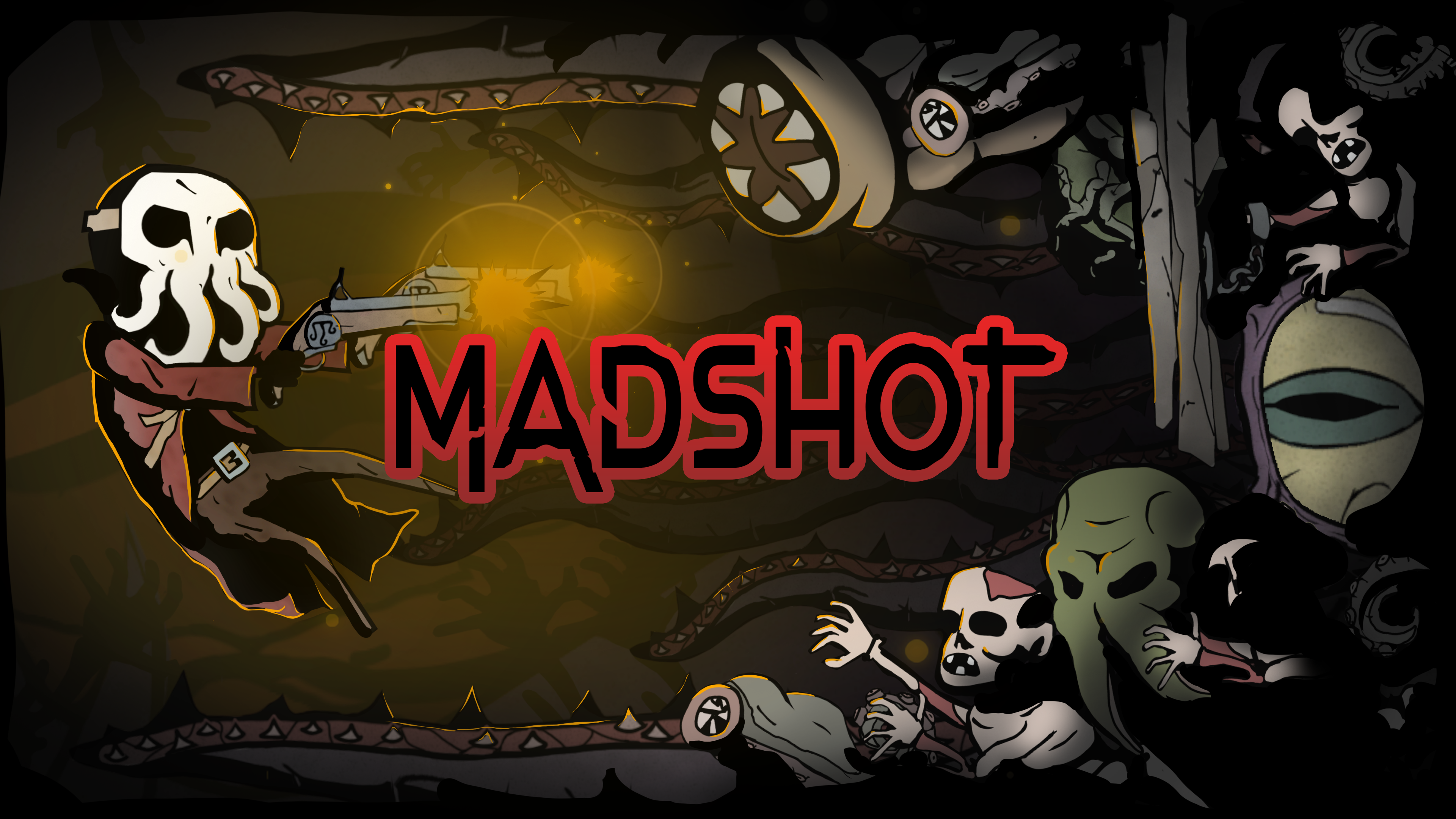 Madshot logo on top of a concept picture of the main character. He's wearing a cthulhu mask and shooting 2 guns