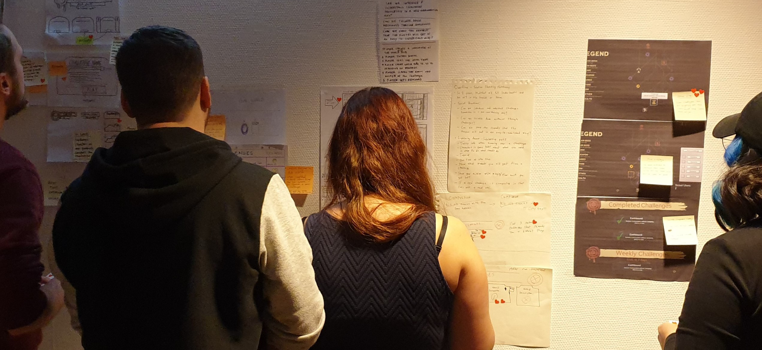 Picture of our team during the workshop, looking at sketches on the wall