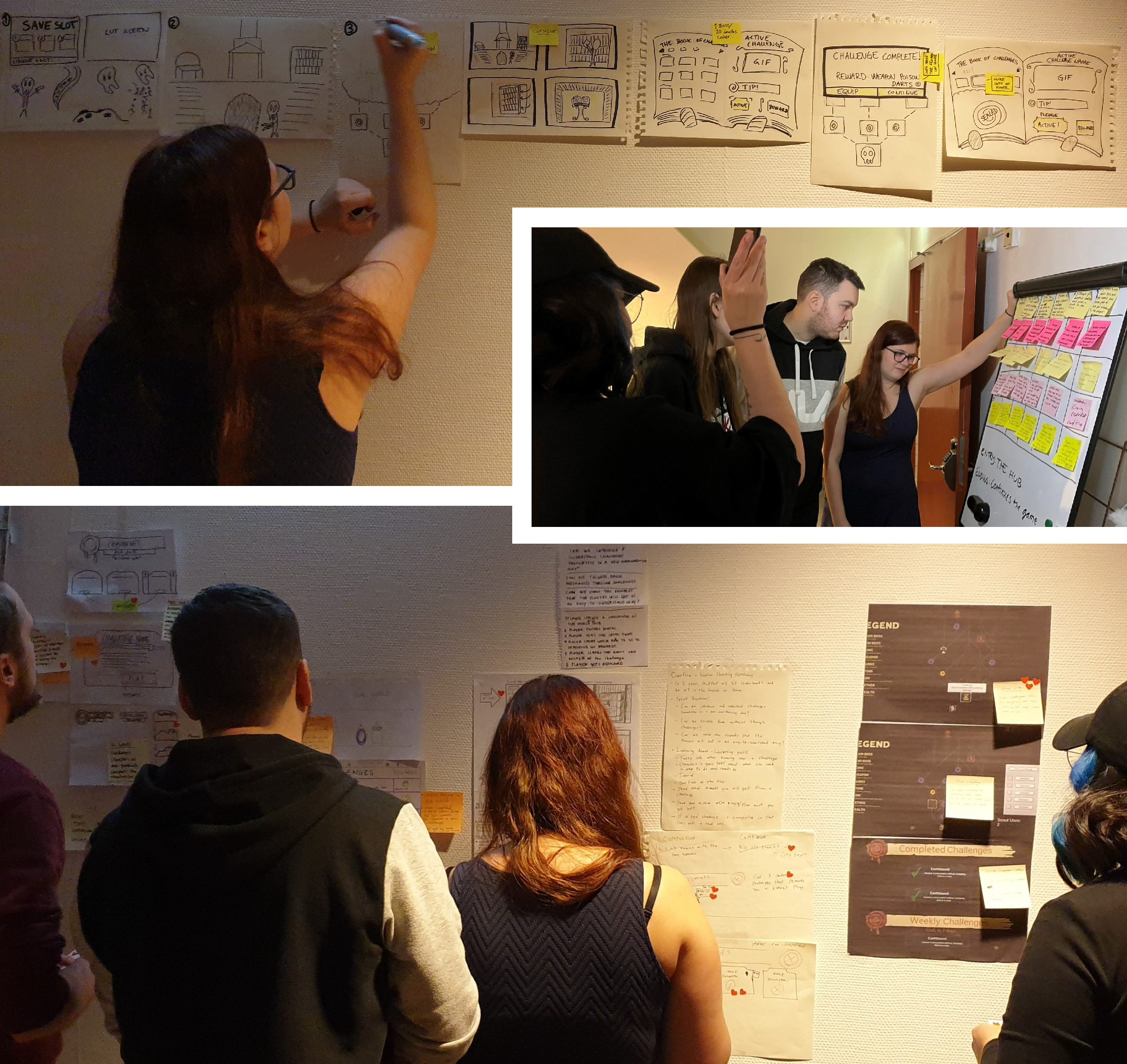 Picture of our team during the workshop, looking at papers on the wall with sketches