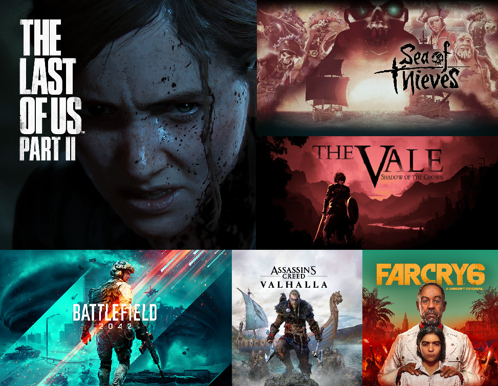 Game posters: The Last of Us 2, Sea of Thieves, The Vale - Shadow of the Crown, Battlefield 2042, Assassins Creed Valhalla, Far Cry 6
