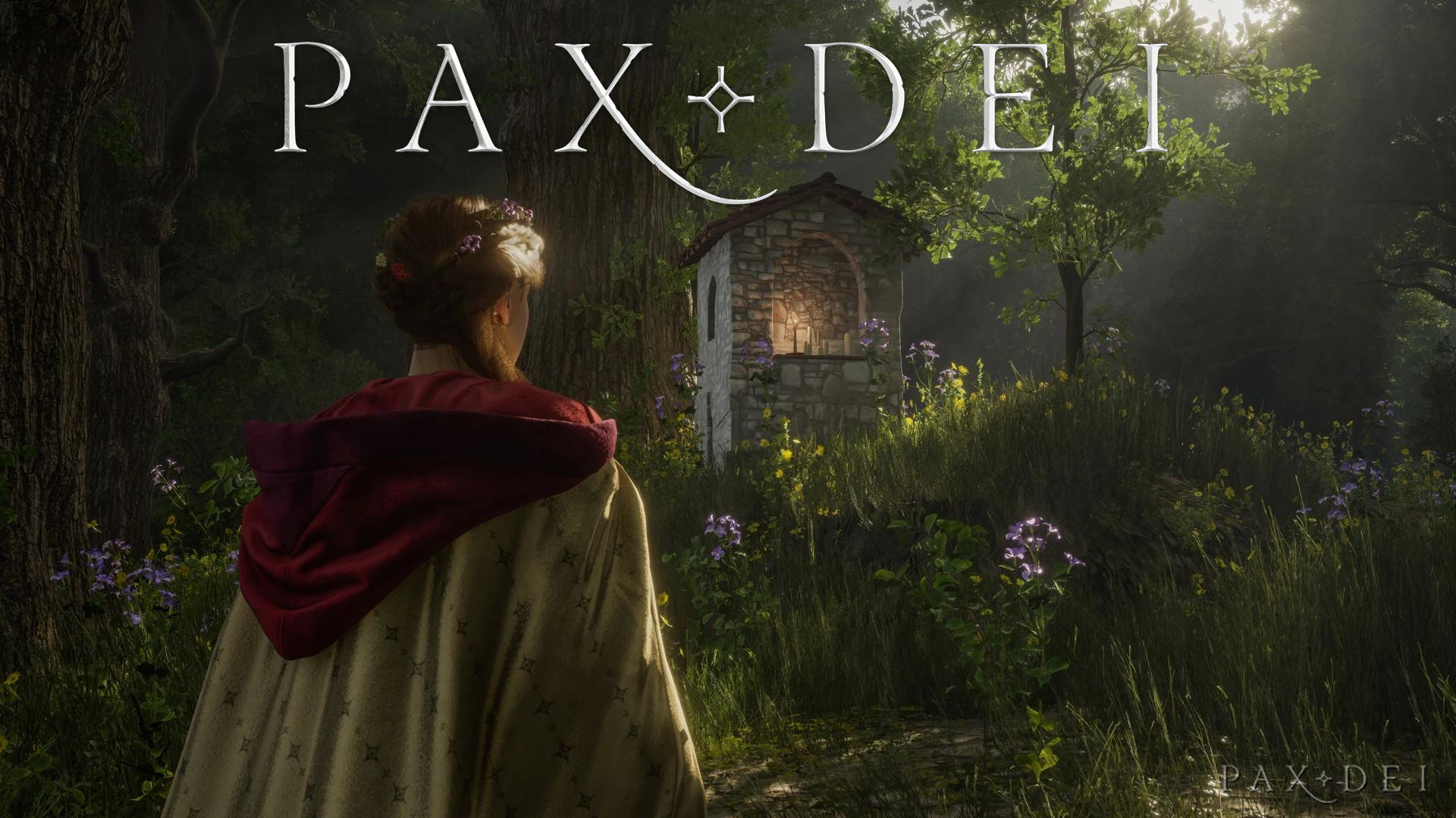 Pax Dei logo on top of a screenshot from the game. A woman in medieval clothing is looking towards a forest.