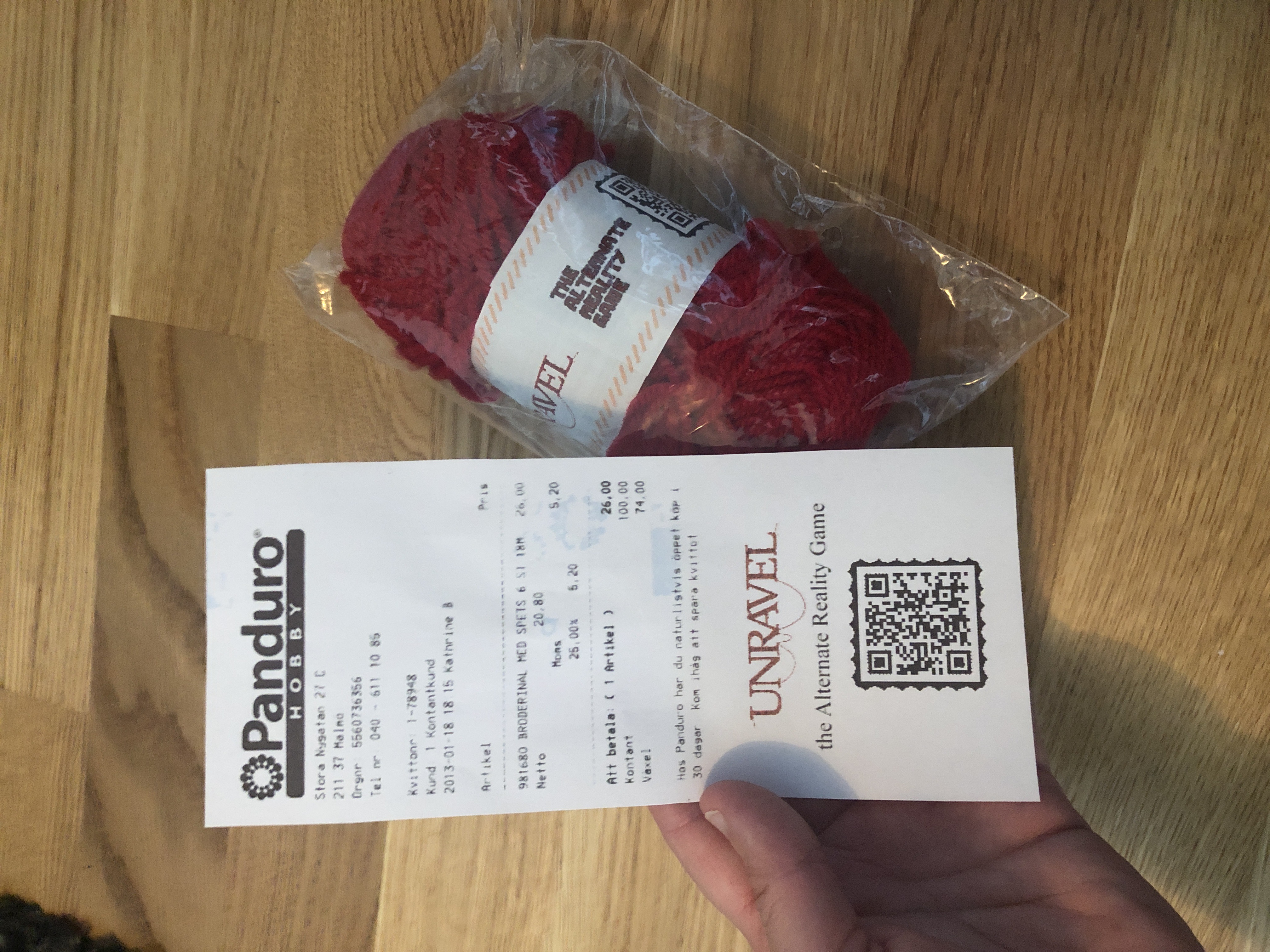 Yarn with custom label and a fake receipt